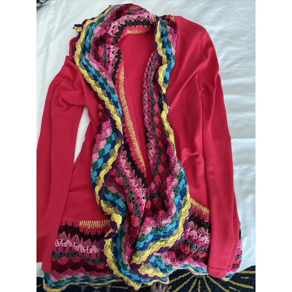 Double Zero Womens Red Open Front Cardigan Rainbow Crochet Trim Boho Sz S 14P560